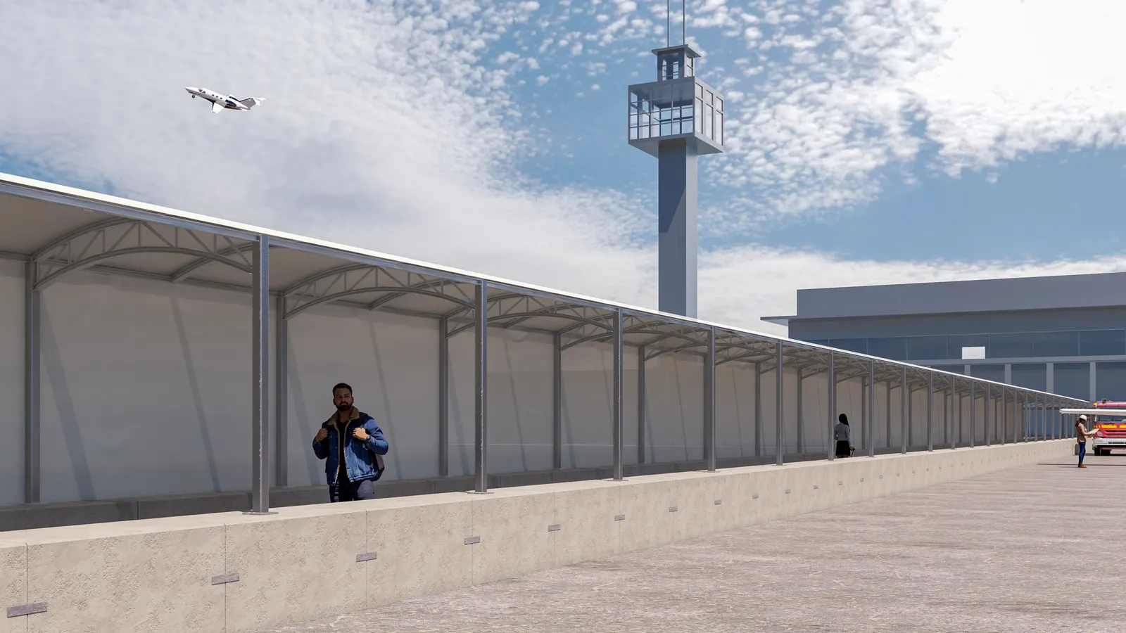 Engineered covered pedestrian walkway design for a regional airport