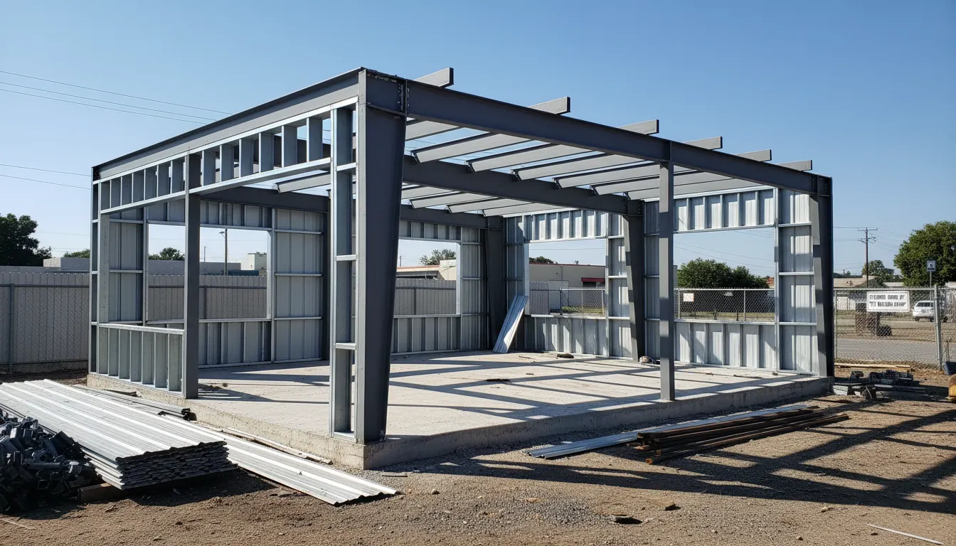 Pre-engineered metal building frame with girts and purlins in place
